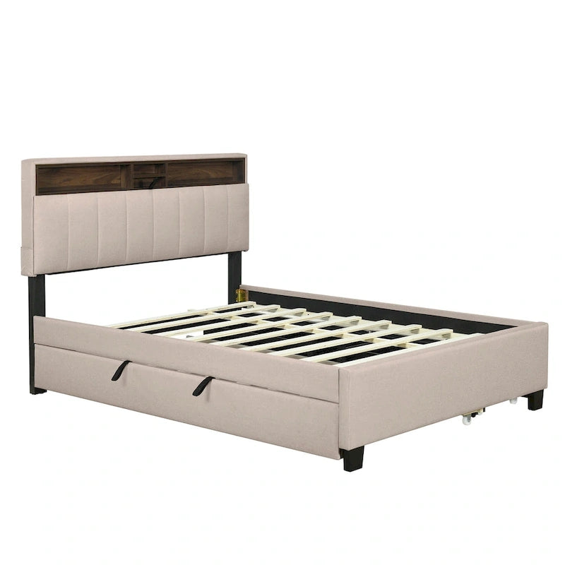 Beige Full Size Upholstered Platform Bed with Storage Headboard, Twin XL Trundle and 2 Drawers