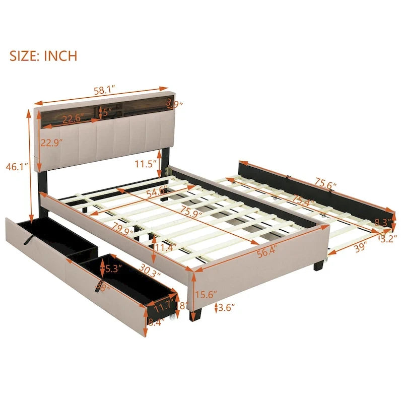 Lit plateforme rembourré pleine grandeur beige avec tête de lit de rangement, lit gigogne Twin XL et 2 tiroirs