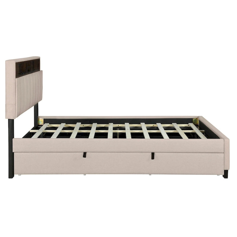 Lit plateforme rembourré pleine grandeur beige avec tête de lit de rangement, lit gigogne Twin XL et 2 tiroirs