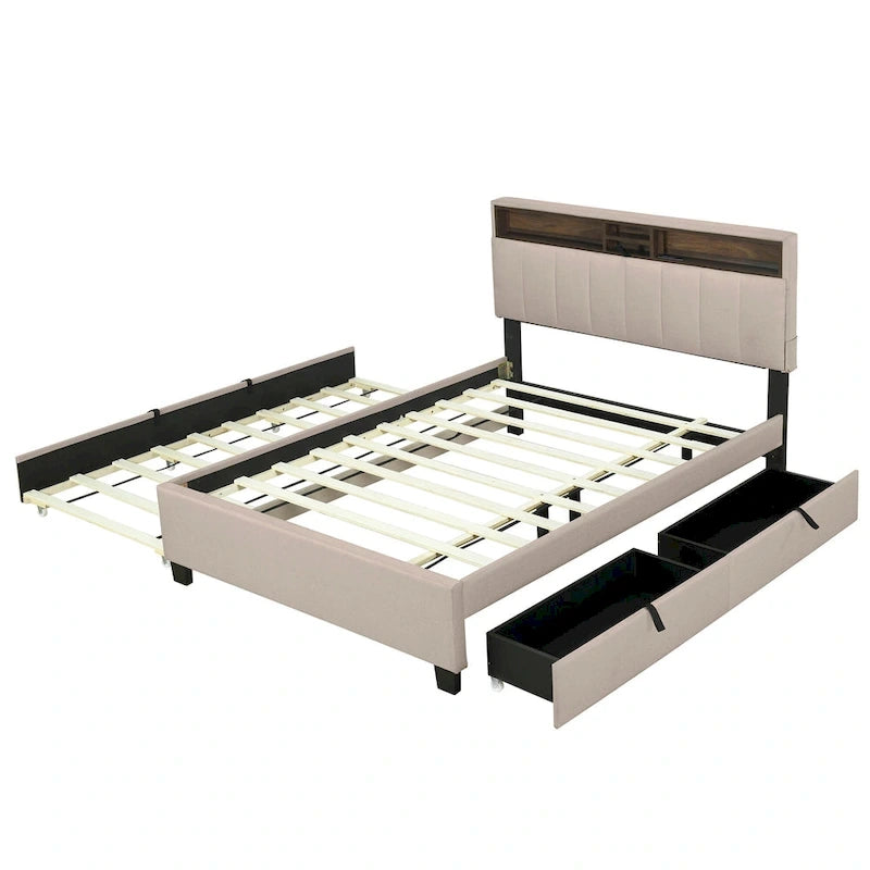 Lit plateforme rembourré pleine grandeur beige avec tête de lit de rangement, lit gigogne Twin XL et 2 tiroirs