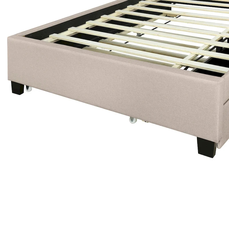 Lit plateforme rembourré pleine grandeur beige avec tête de lit de rangement, lit gigogne Twin XL et 2 tiroirs
