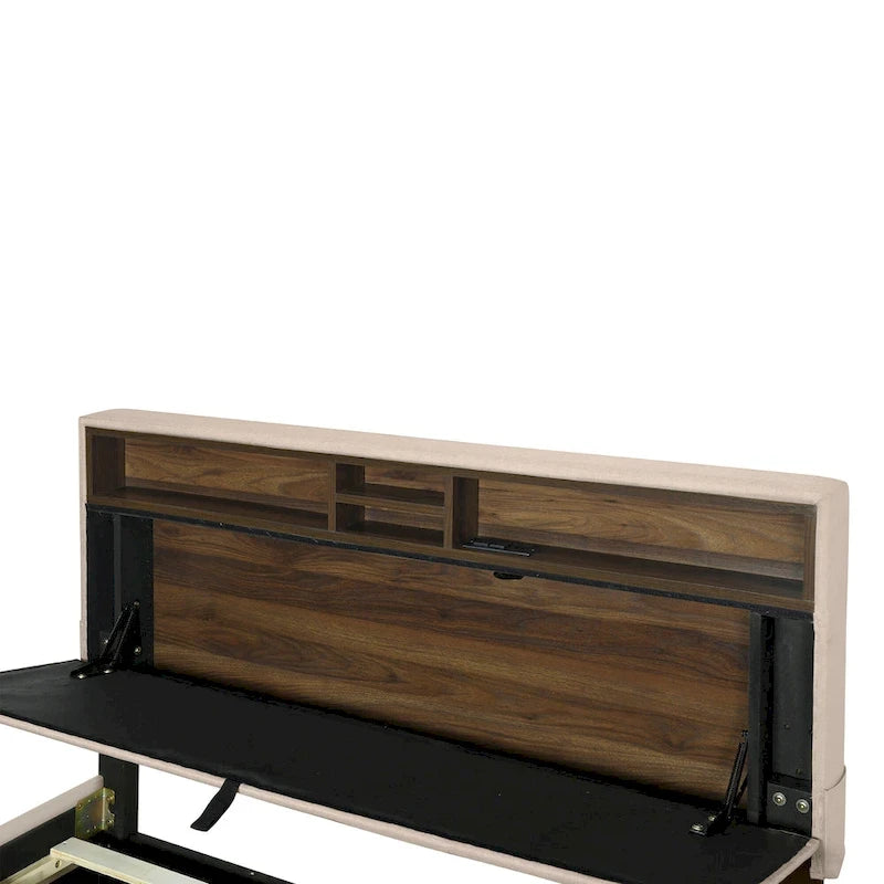 Lit plateforme rembourré pleine grandeur beige avec tête de lit de rangement, lit gigogne Twin XL et 2 tiroirs