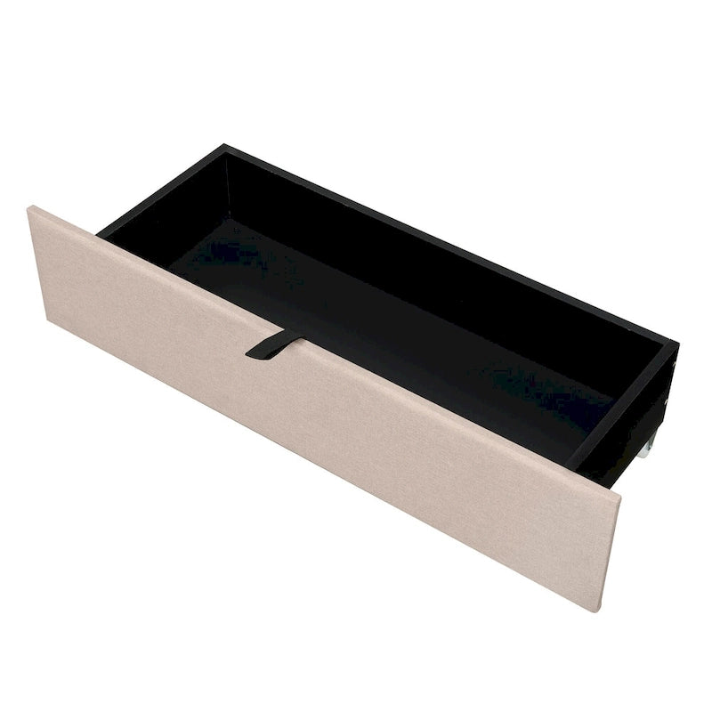 Lit plateforme rembourré pleine grandeur beige avec tête de lit de rangement, lit gigogne Twin XL et 2 tiroirs