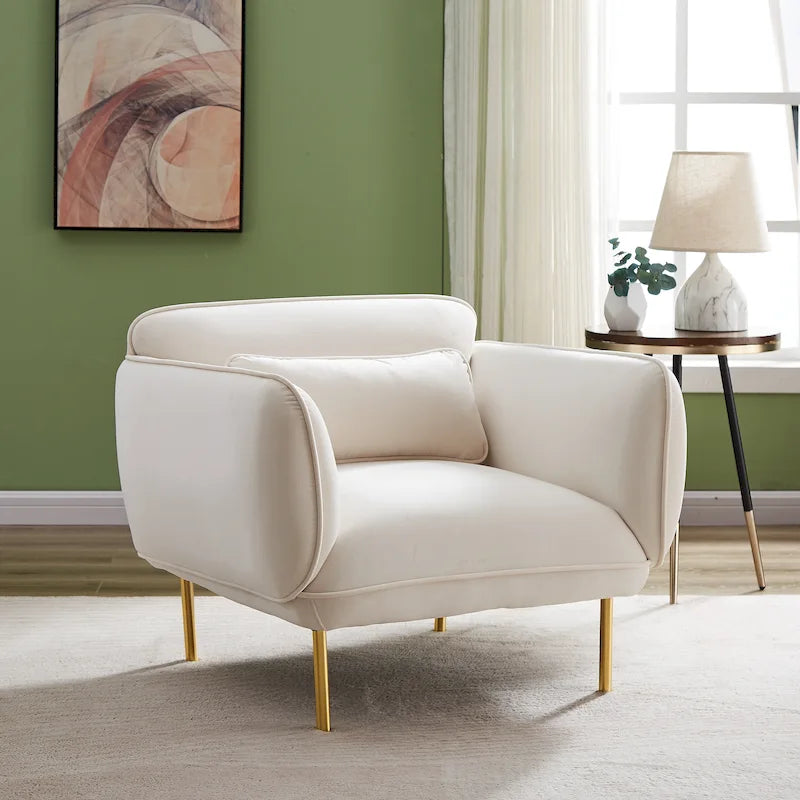 Fauteuil d'appoint moderne en velours beige avec pieds en métal