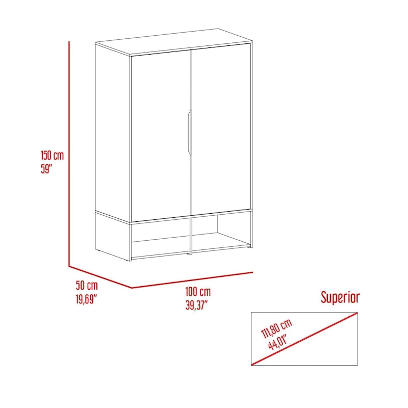 Armoire à deux portes, étagères ouvertes, cinq étagères dissimulées et tringle à vêtements