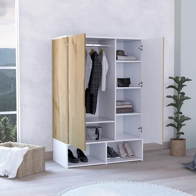 Armoire à deux portes, étagères ouvertes, cinq étagères dissimulées et tringle à vêtements
