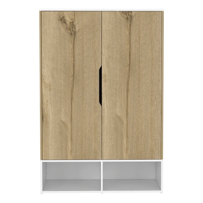 Armoire à deux portes, étagères ouvertes, cinq étagères dissimulées et tringle à vêtements