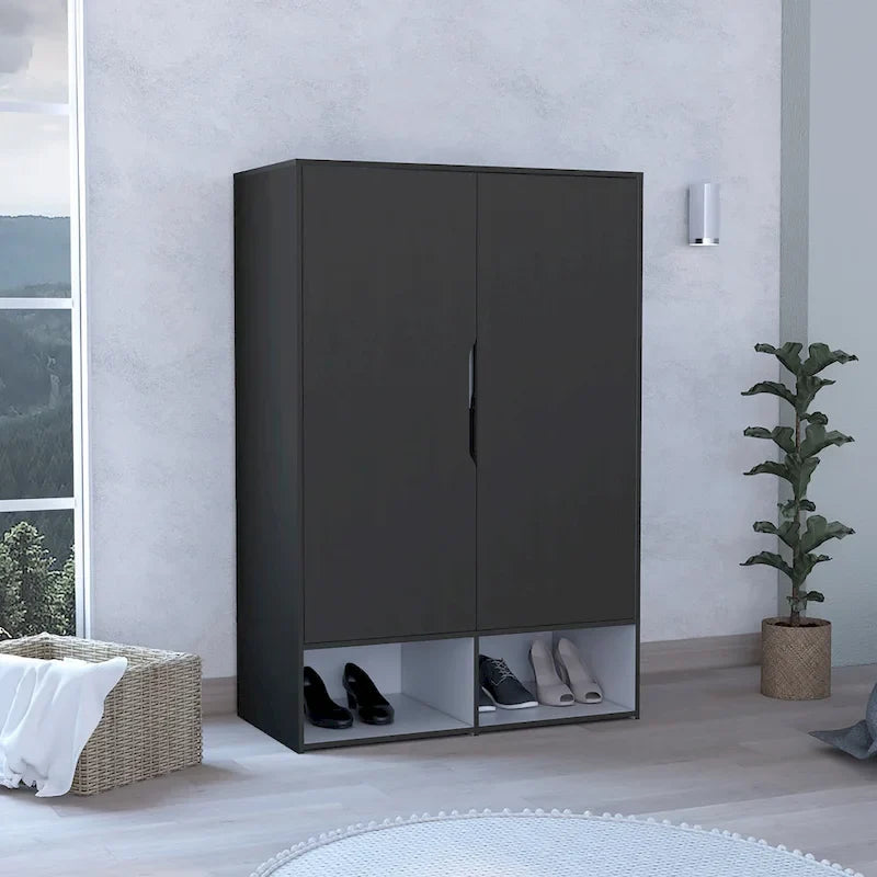 Armoire à deux portes, étagères ouvertes, cinq étagères dissimulées et tringle à vêtements