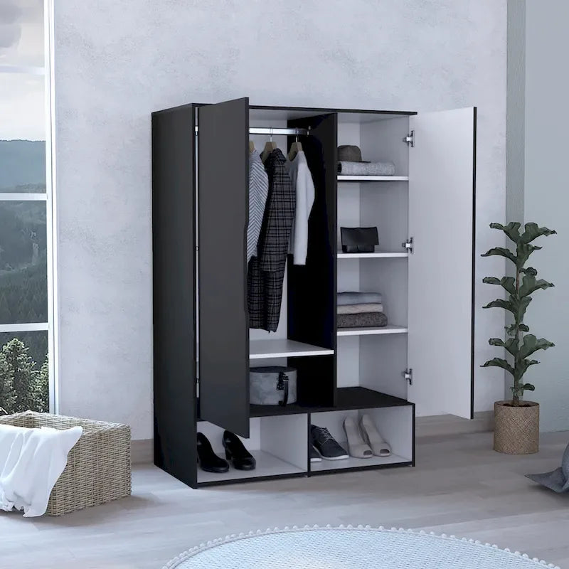 Armoire à deux portes, étagères ouvertes, cinq étagères dissimulées et tringle à vêtements