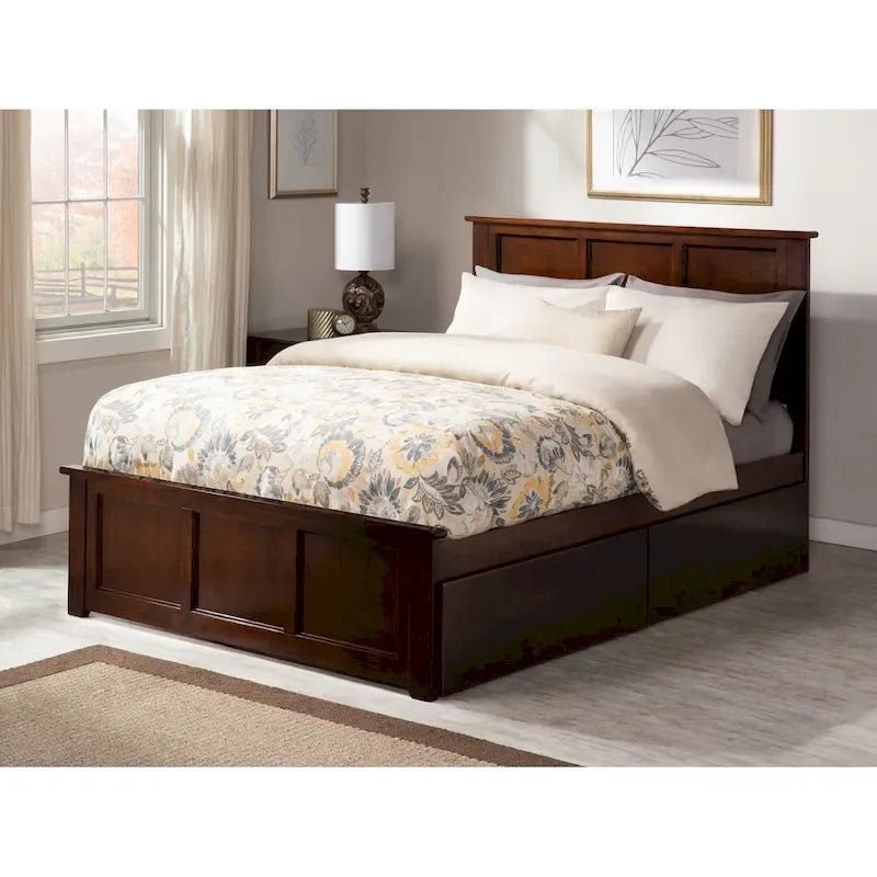 Full Platform Bed with 2 Storage Drawers in Walnut