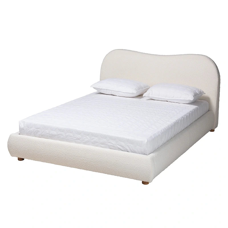 Mid-Century Modern Cream Boucle Fabric and Oak Brown Finished Wood Queen Size Platform Bed