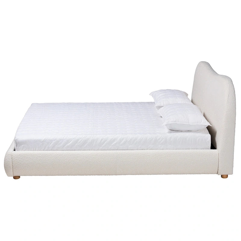 Mid-Century Modern Cream Boucle Fabric and Oak Brown Finished Wood Queen Size Platform Bed