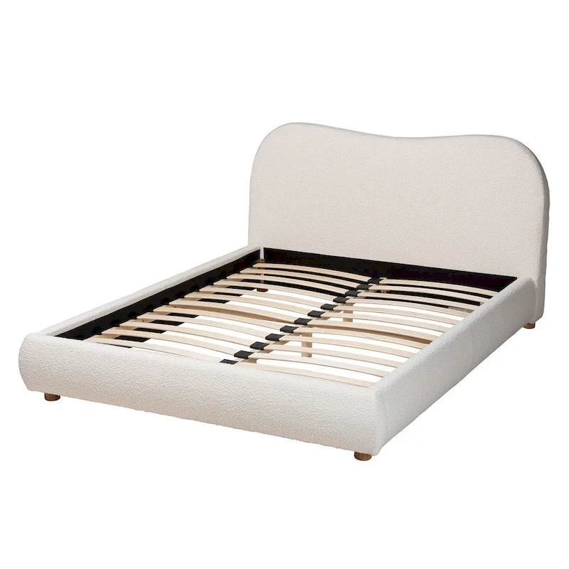 Mid-Century Modern Cream Boucle Fabric and Oak Brown Finished Wood Queen Size Platform Bed