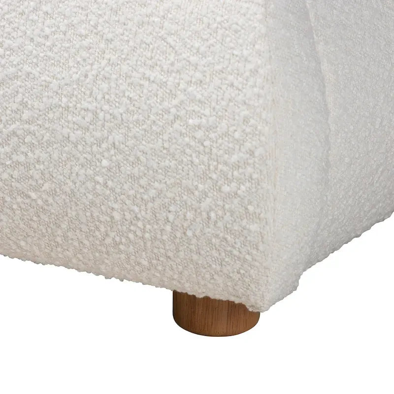 Mid-Century Modern Cream Boucle Fabric and Oak Brown Finished Wood Queen Size Platform Bed