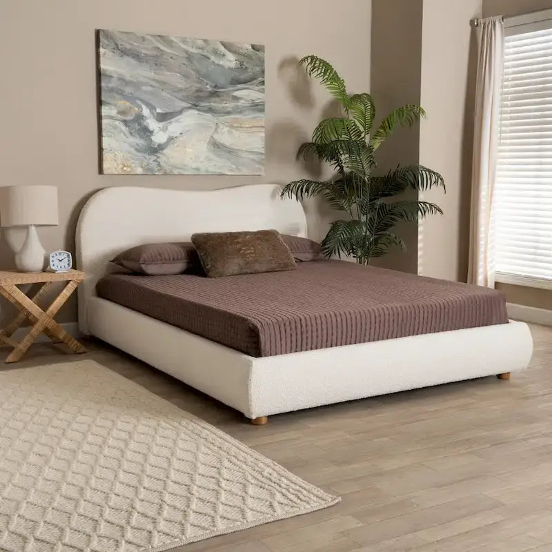 Mid-Century Modern Cream Boucle Fabric and Oak Brown Finished Wood Queen Size Platform Bed