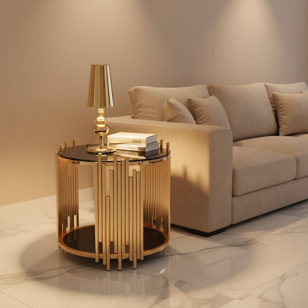 Modern Metal and Glass End Table with Tubing Design, Black and Gold