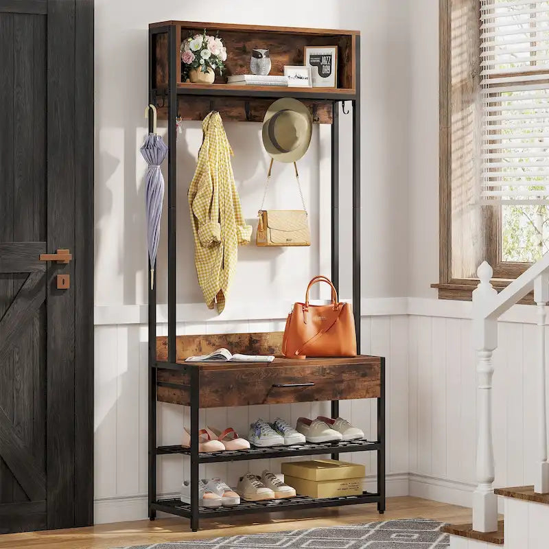 Porte-manteau industriel brun rustique avec banc à chaussures et étagère de rangement
