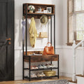 Porte-manteau industriel brun rustique avec banc à chaussures et étagère de rangement