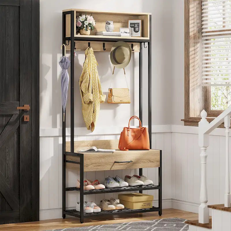 Porte-manteau industriel brun rustique avec banc à chaussures et étagère de rangement