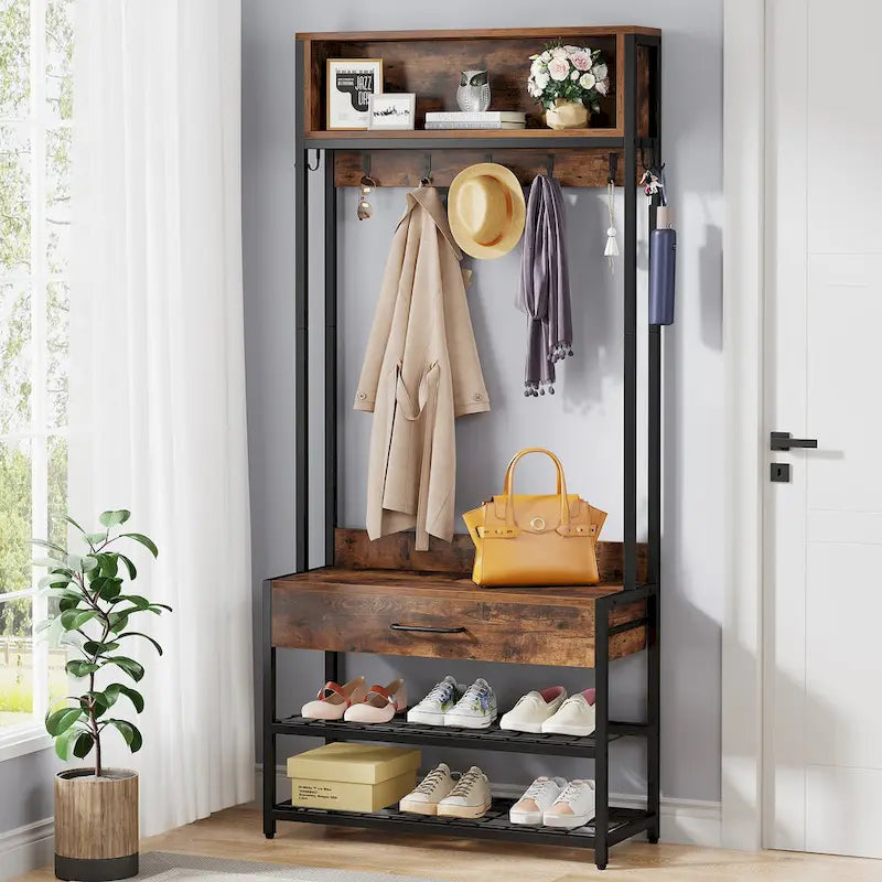 Porte-manteau industriel brun rustique avec banc à chaussures et étagère de rangement