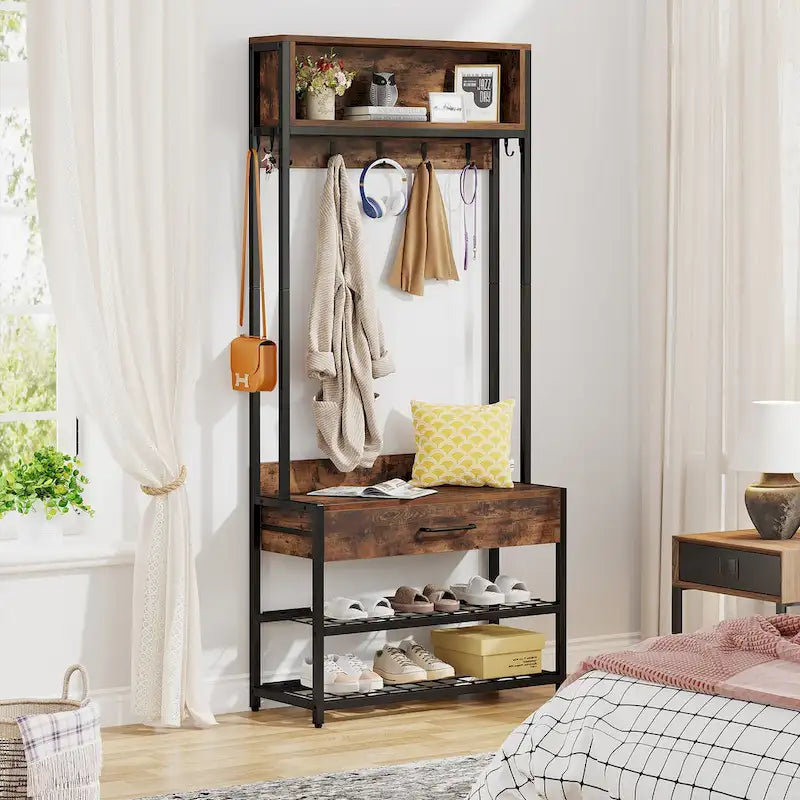 Porte-manteau industriel brun rustique avec banc à chaussures et étagère de rangement