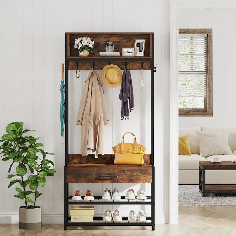 Porte-manteau industriel brun rustique avec banc à chaussures et étagère de rangement