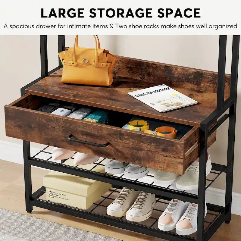 Porte-manteau industriel brun rustique avec banc à chaussures et étagère de rangement