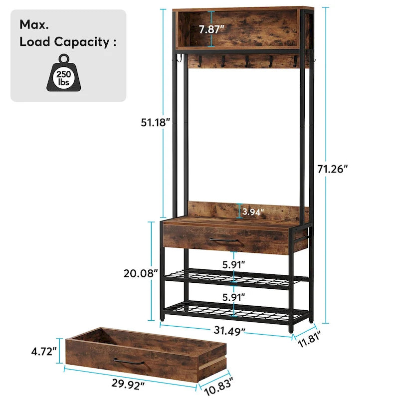 Porte-manteau industriel brun rustique avec banc à chaussures et étagère de rangement