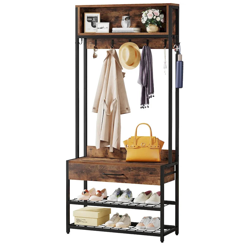 Porte-manteau industriel brun rustique avec banc à chaussures et étagère de rangement