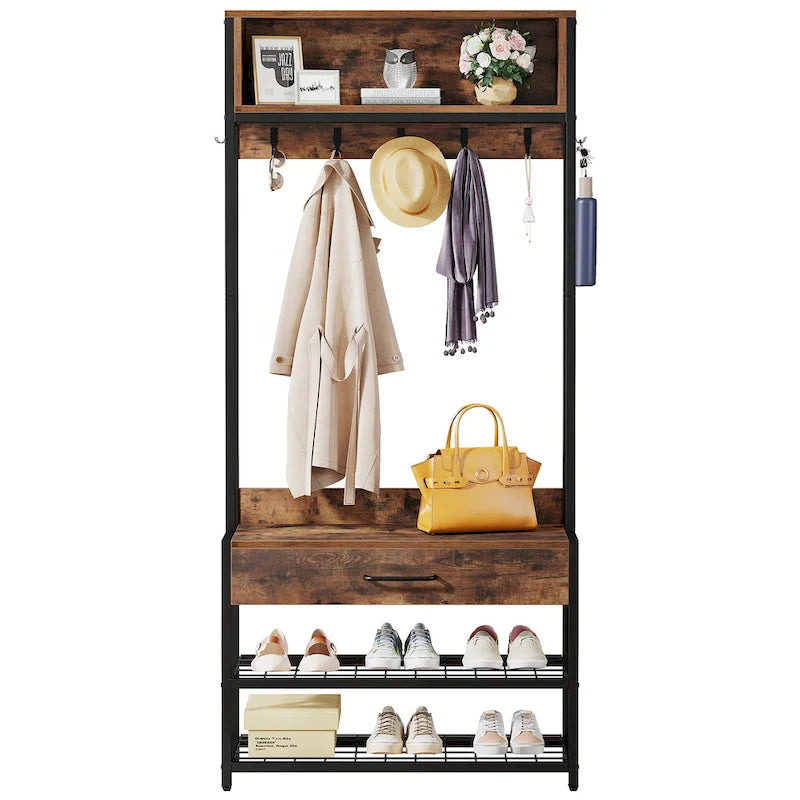 Porte-manteau industriel brun rustique avec banc à chaussures et étagère de rangement