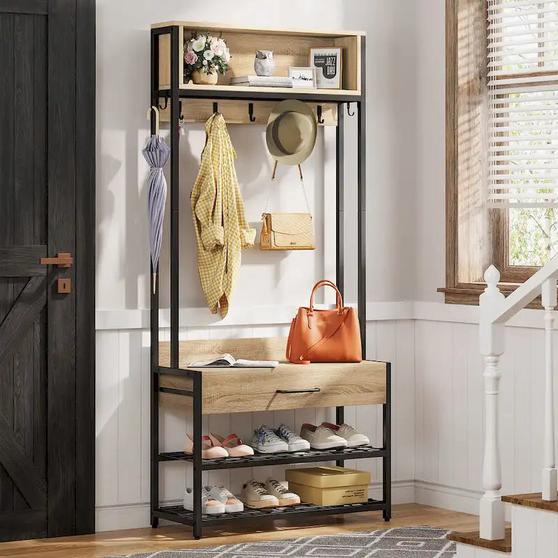 Porte-manteau industriel brun rustique avec banc à chaussures et étagère de rangement
