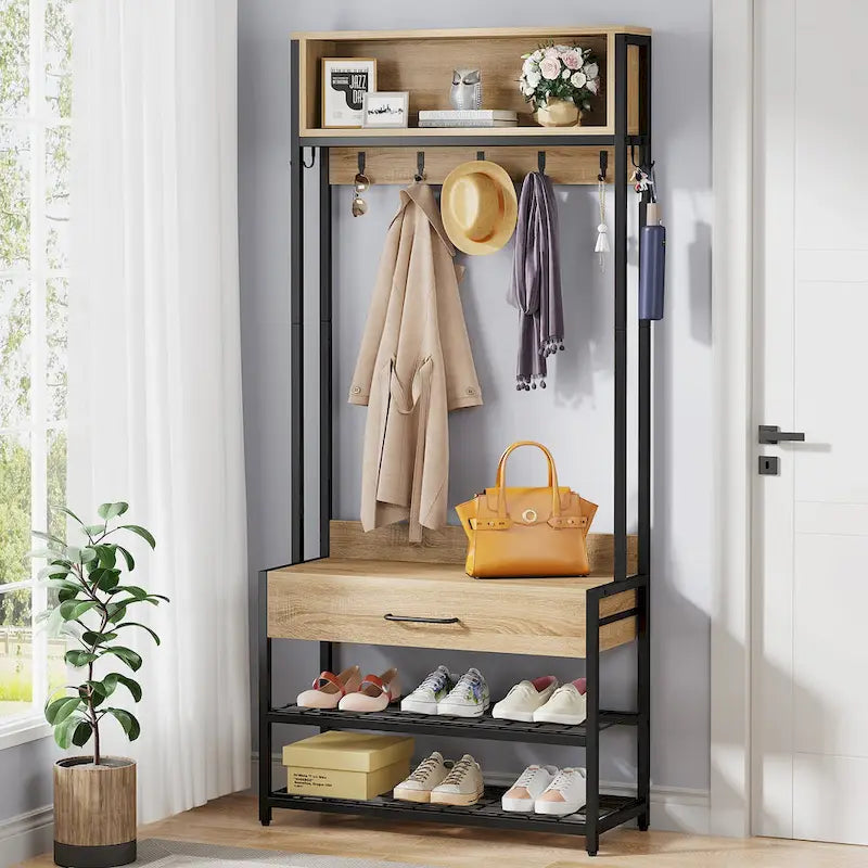 Porte-manteau industriel brun rustique avec banc à chaussures et étagère de rangement