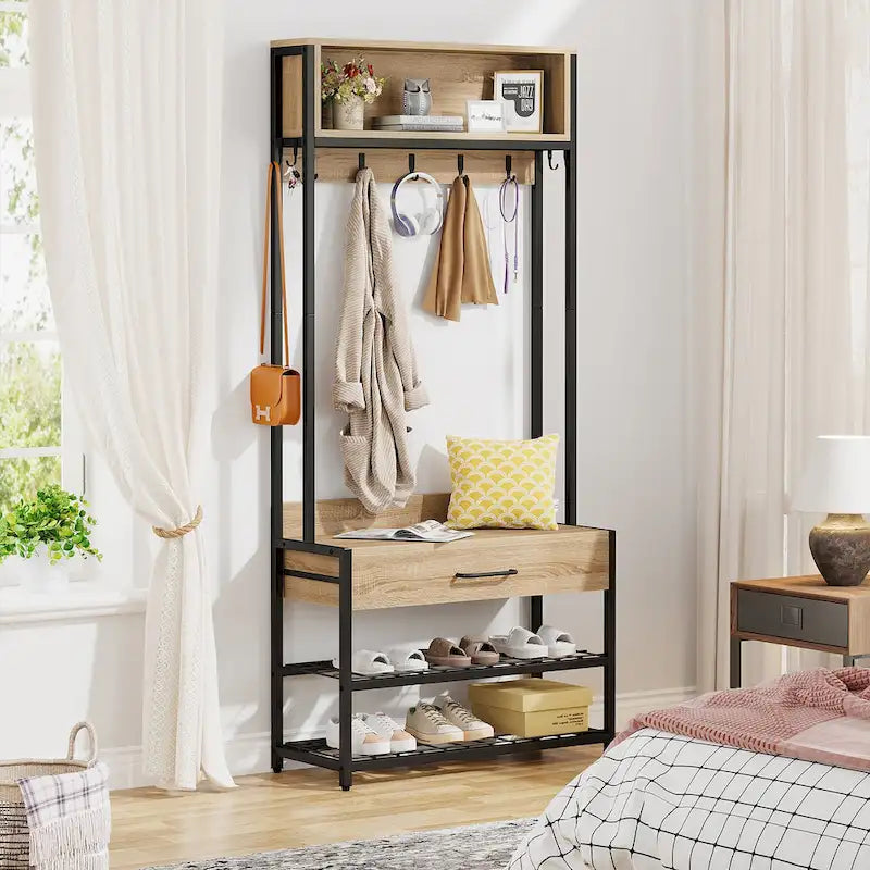 Porte-manteau industriel brun rustique avec banc à chaussures et étagère de rangement