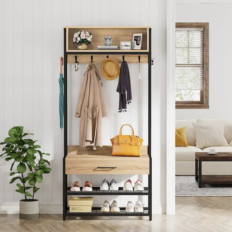 Porte-manteau industriel brun rustique avec banc à chaussures et étagère de rangement