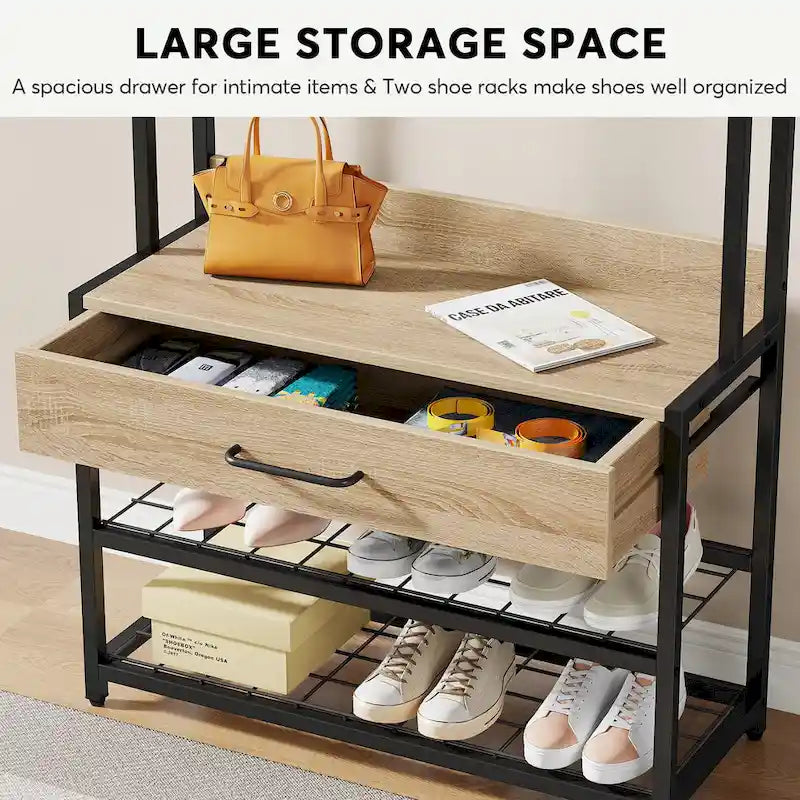 Porte-manteau industriel brun rustique avec banc à chaussures et étagère de rangement
