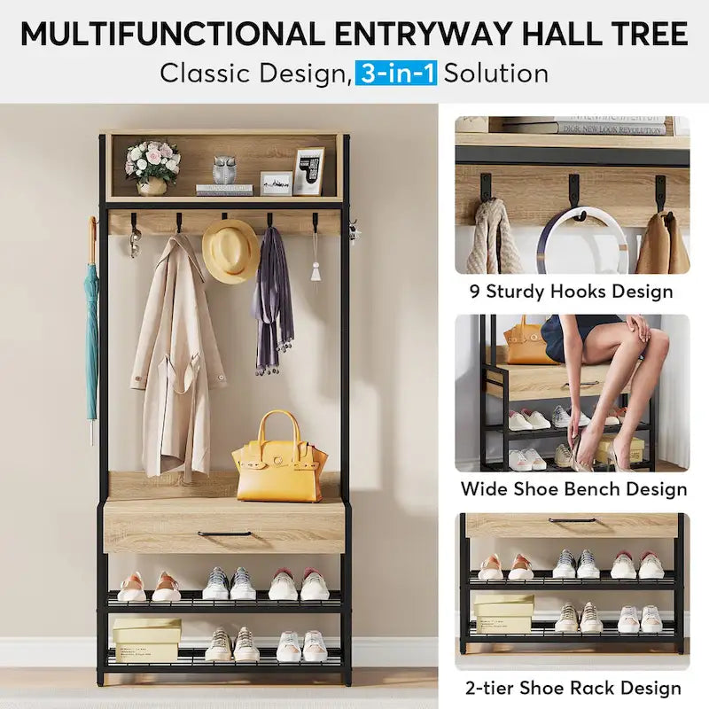 Porte-manteau industriel brun rustique avec banc à chaussures et étagère de rangement