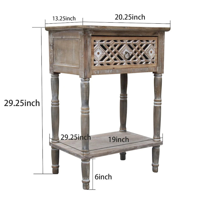 Table de chevet avec tiroir sculpté ajouré et étagère ouverte