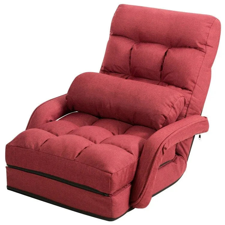 Folding Floor Chair Sofa with Armrests and Pillow - Red