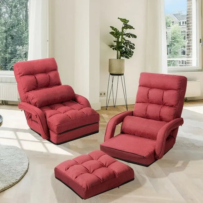 Folding Floor Chair Sofa with Armrests and Pillow - Red
