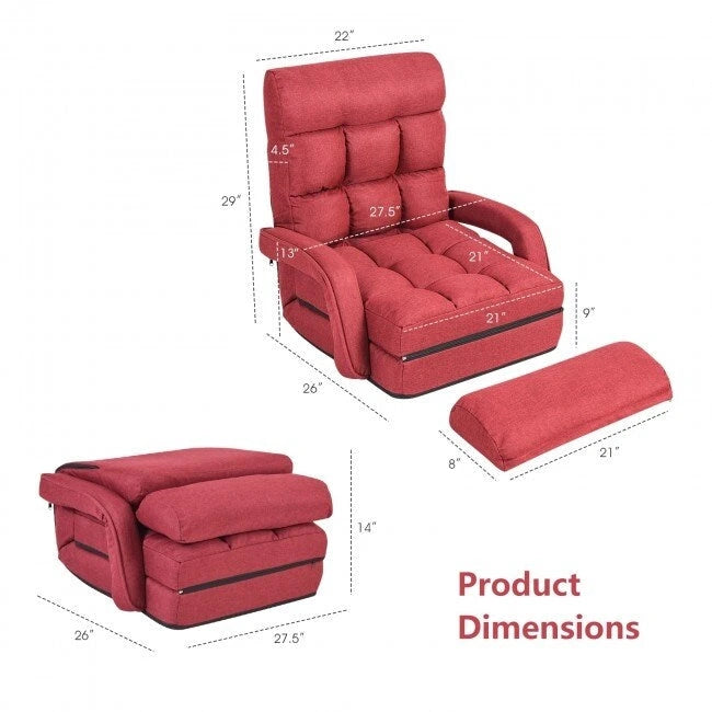 Folding Floor Chair Sofa with Armrests and Pillow - Red