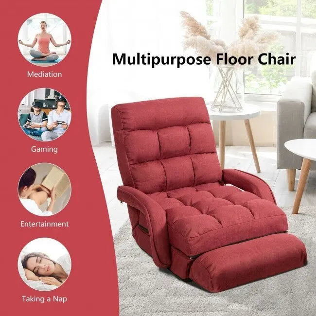Folding Floor Chair Sofa with Armrests and Pillow - Red