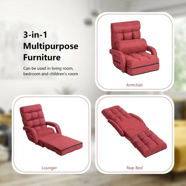 Folding Floor Chair Sofa with Armrests and Pillow - Red