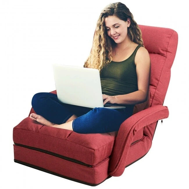 Folding Floor Chair Sofa with Armrests and Pillow - Red