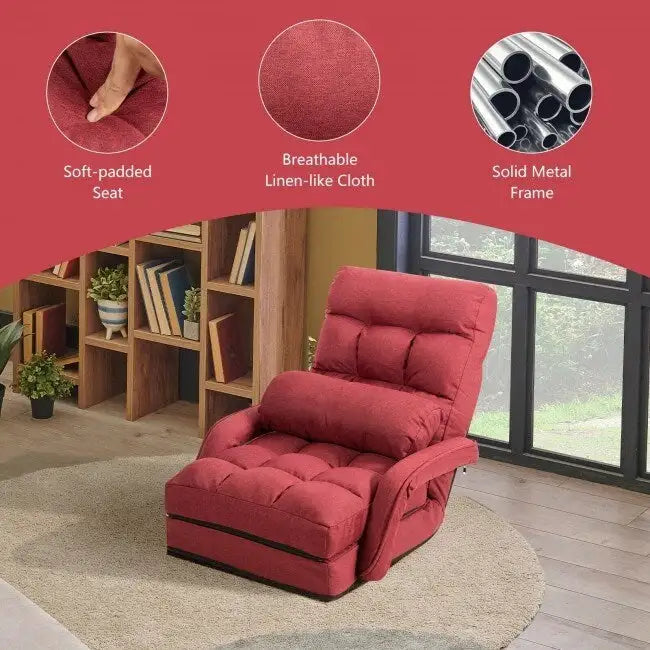 Folding Floor Chair Sofa with Armrests and Pillow - Red