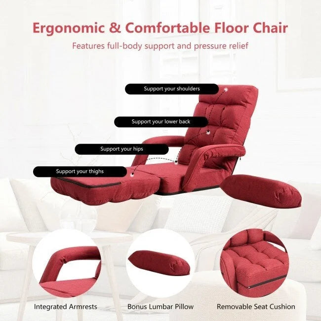 Folding Floor Chair Sofa with Armrests and Pillow - Red