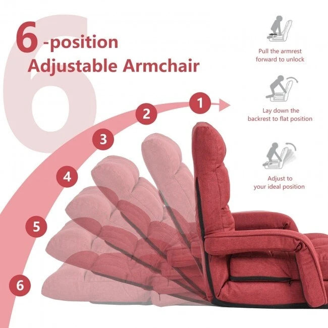 Folding Floor Chair Sofa with Armrests and Pillow - Red