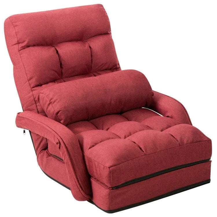 Folding Floor Chair Sofa with Armrests and Pillow - Red
