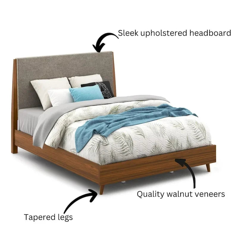 Queen Bed with Upholstered Headboard & Walnut Finish