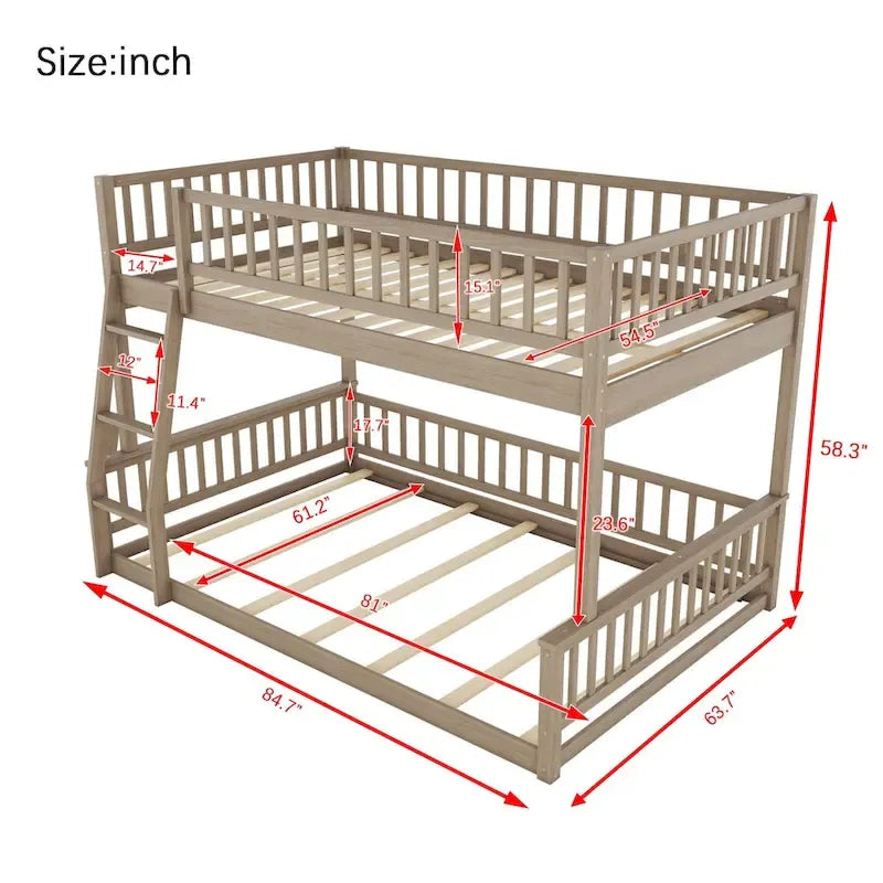 Lit superposé Queen avec échelle et garde-corps, matelas Full XL en haut et Queen en bas