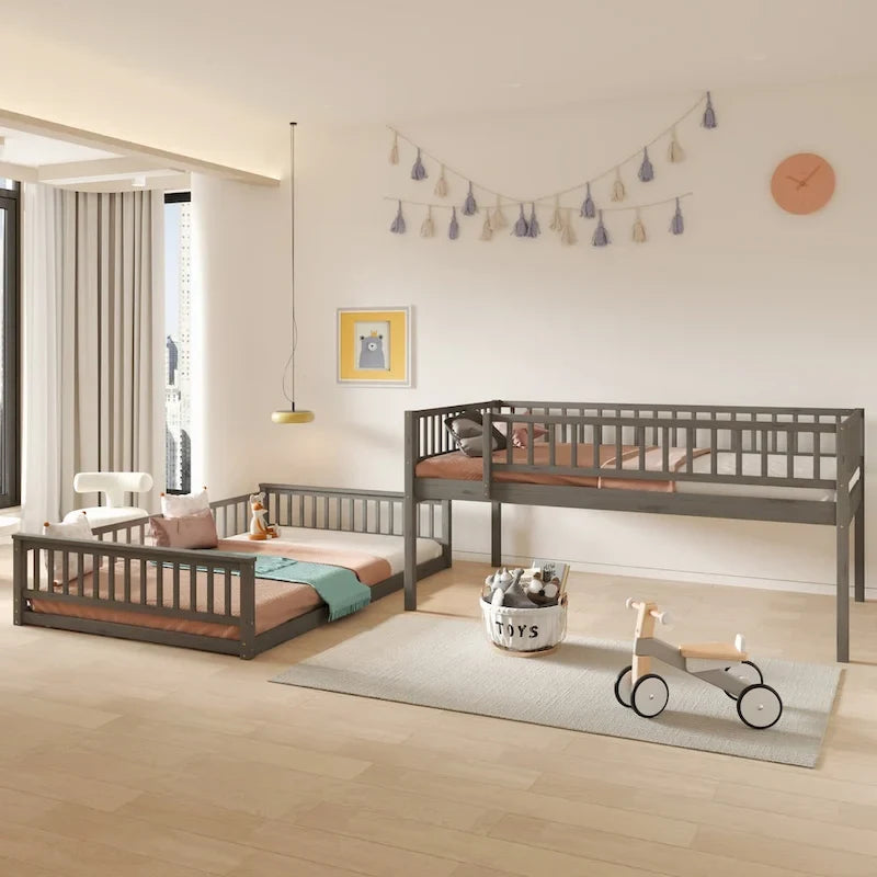 Lit superposé Queen avec échelle et garde-corps, matelas Full XL en haut et Queen en bas